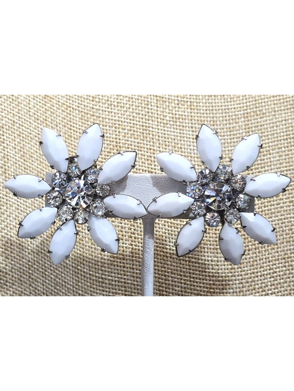 Vintage Large Clip Earrings White Glass Rhinestone Flower